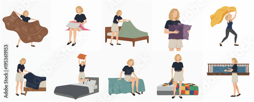Minimalist Woman Decorating Bed with Various Bedding Items Illustration Set