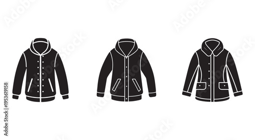 Three black hooded jackets with white outlines and buttons on a white background