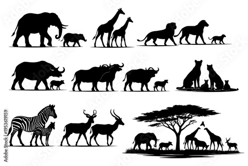 African wildlife silhouettes: elephants, giraffes, lions, zebras, wildebeests, and gazelles.