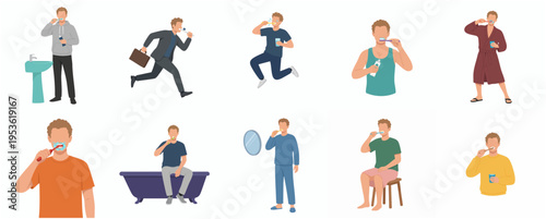 Diverse Flat Illustration of Man Brushing Teeth in Various Daily Activities