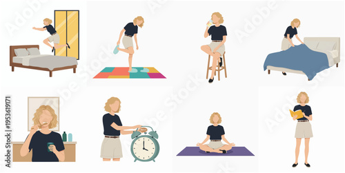 Flat Illustration Woman Daily Activity Routine at Home Illustration