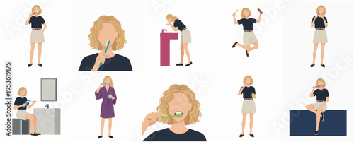 Minimalist Faceless Woman Morning Routine Daily Hygiene Activity Illustration Set