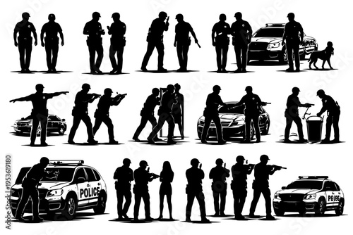 Silhouettes of police officers and canine units in various action poses.