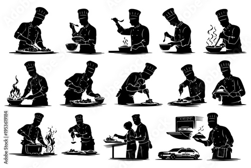 Silhouette illustrations of chefs cooking in various poses.