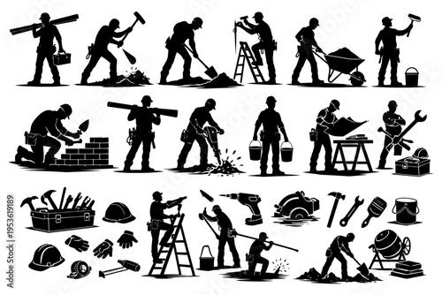 Silhouette construction workers with tools and equipment.