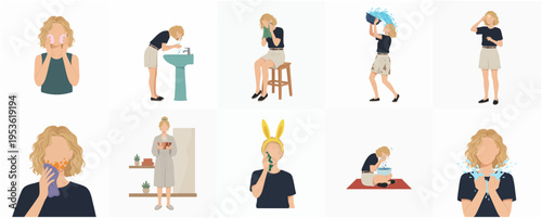 Minimalist Flat Illustration Woman Doing Morning Beauty Routine Set Icon