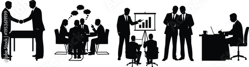 Business meeting silhouette set vector handshake presentation teamwork office discussion corporate concept isolated illustration collection