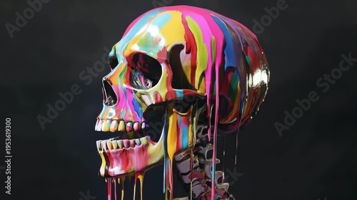 Vibrant skeletal form with skull painted in bright colors and dripping paint accents