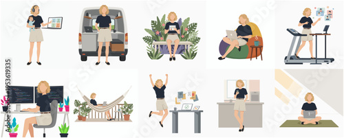 Flat Woman Character Various Activity at Home and Outdoor Illustration Set