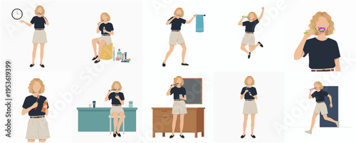 Flat Illustration Set of a Woman Brushing Her Teeth with Lifestyle