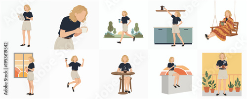 Minimalist Flat Style Woman in Different Activities and Poses Illustration