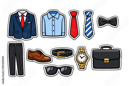 Business attire and accessories set including suit, tie, shoes, and sunglasses.