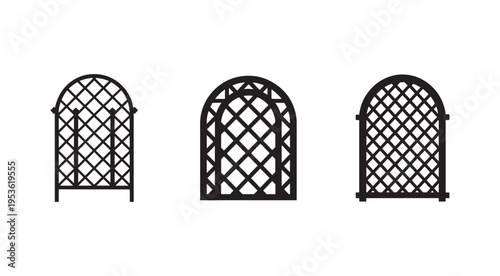 Three black metal arched trellis panels for climbing plants and garden decoration  various sizes and designs  home and garden accessories