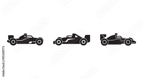 Three black race cars in different positions on white background  side view  racing vehicles