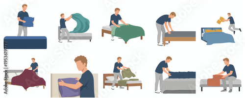Simple Illustration Man Making Bed Set Steps Category