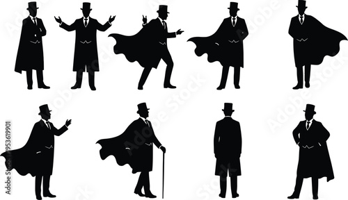 Gentleman silhouette set, vintage aristocrat male figures with cape and hat, classic Victorian style poses, elegant black vector isolated background