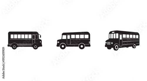 Three black silhouette buses in different positions on white background  school transportation vehicles