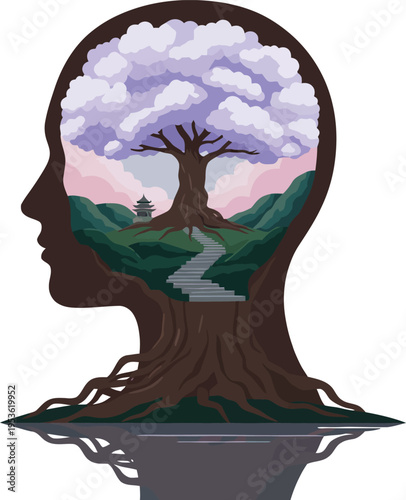 Human head silhouette with nature landscape inside, tree and path concept, mental growth, mindfulness, surreal illustration, vector isolated background