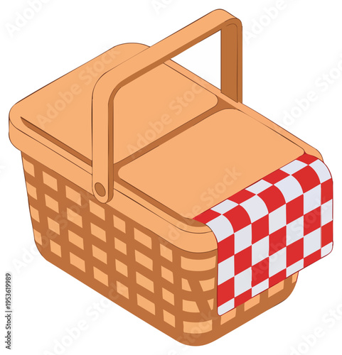 Isometric Wicker Picnic Basket with Red and White Checkered Gingham Cloth