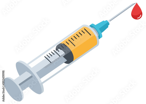 Medical Syringe with Orange Vaccine Liquid and Red Blood Drop Tip