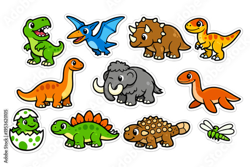Colorful cartoon dinosaurs and mammoth stickers on white background.