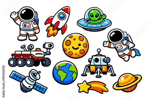 Cartoon space exploration icons with astronauts, aliens, and planets.