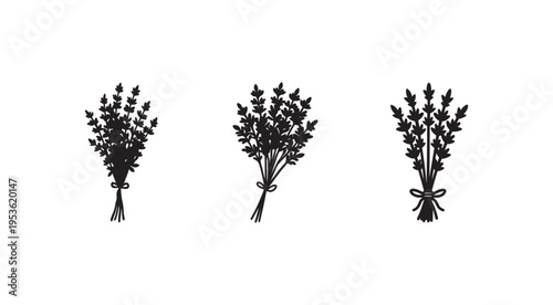Three black silhouettes of bouquets of flowers tied with ribbons on white background  floral arrangements