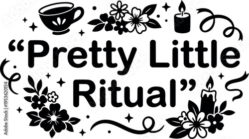 Black and white floral candles and teacup with pretty little ritual lettering