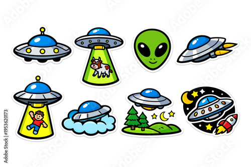 Fun cartoon ufos and aliens with bright colors and whimsical designs.