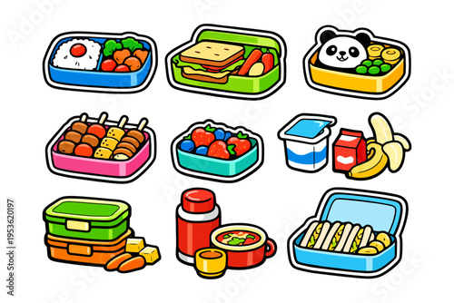 Diverse cartoon lunch boxes with food and cute panda illustration.