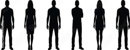 Human silhouette set, men and women standing neutral poses, basic body figures collection, black vector isolated on white background
