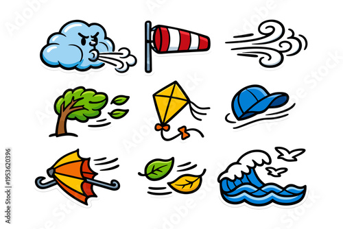 Weather icons collection: cloud, wind, tree, kite, hat, umbrella, leaves, waves.