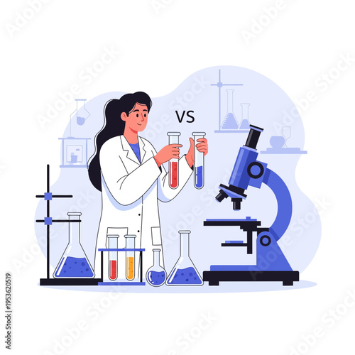A scientist compares two liquids in test tubes in a laboratory setting with a microscope nearby