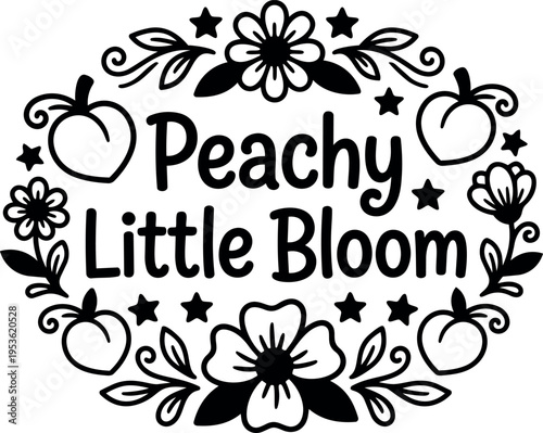 Peachy little bloom floral frame with peaches and stars vector art