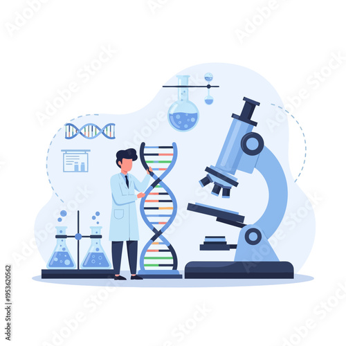 Scientist studying DNA helix in laboratory with microscope and experiments