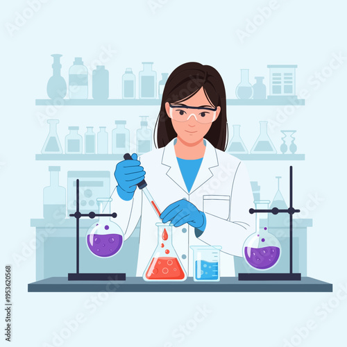 Female laboratory technician conducting an experiment with colorful liquids in glassware