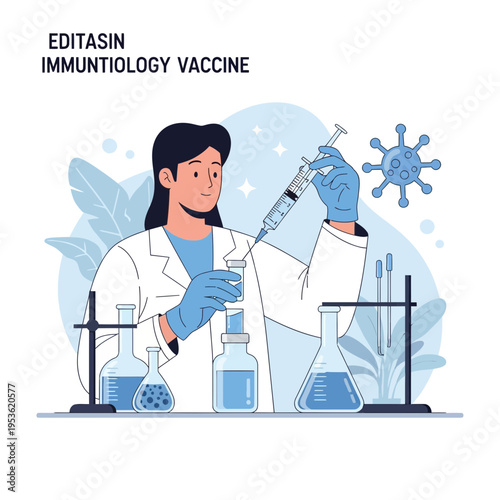 Scientist developing immunology vaccine in a modern laboratory with various research equipment and virus illustration