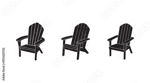 Three black silhouettes of wooden Adirondack chairs in different angles on white background  outdoor furniture