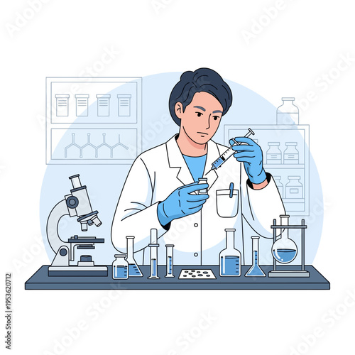 Scientist in a laboratory conducting a medical experiment with a syringe and microscope