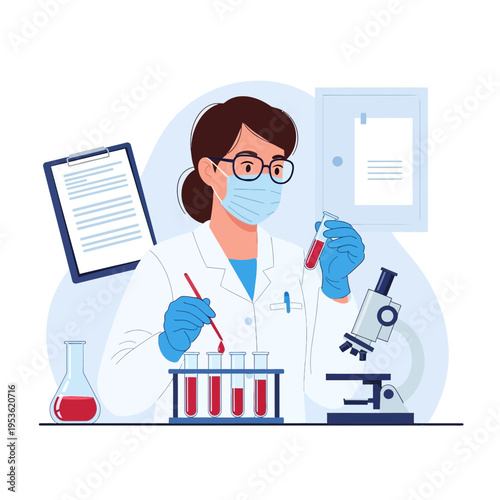 Scientist in laboratory coat conducting medical research with test tubes and microscope