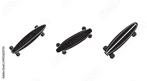 Three black skateboards with white lines and wheels on white background  skateboard collection