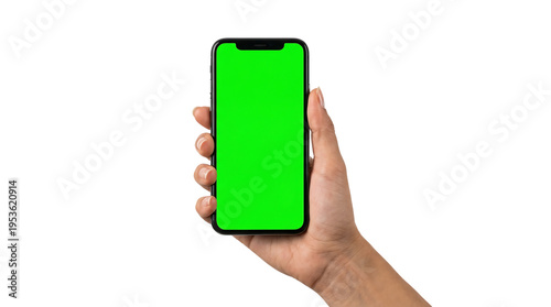 Human hand holding modern smartphone with vivid green screen for easy content replacement on a transparent background
