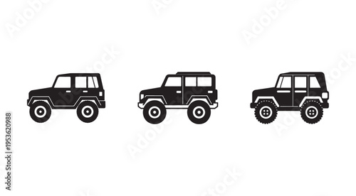 Three black SUV silhouettes in different angles on white background  side views of jeeps