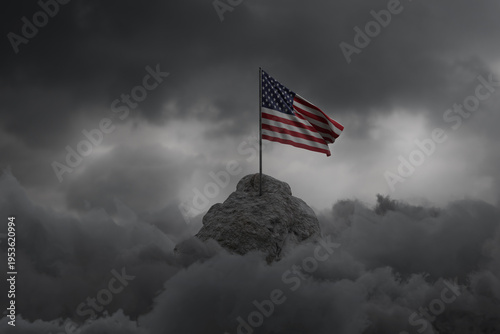 Photography 3D rendering of waving US flag on rocky landscape covered by grey clouds