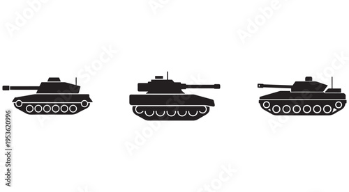 Three black tank silhouettes in different positions on white background  military vehicles