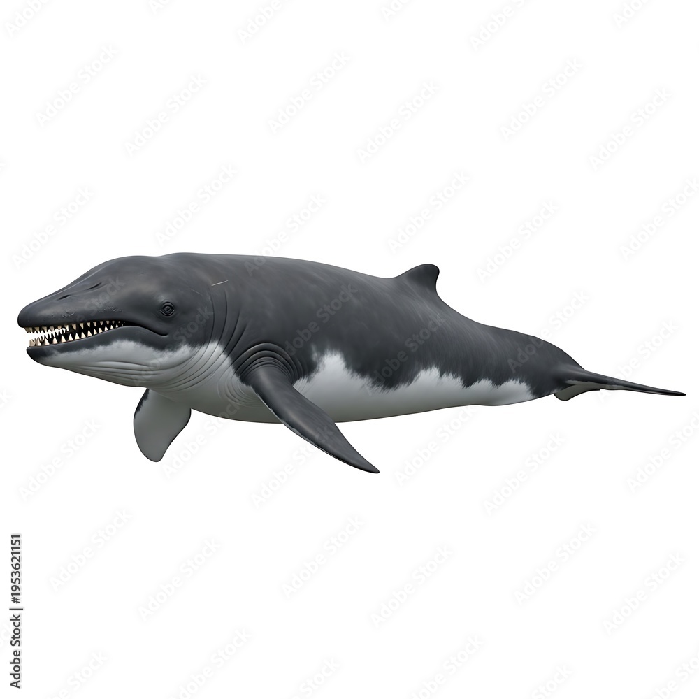 Fototapeta premium Gray and white prehistoric marine reptile with long snout and sharp teeth