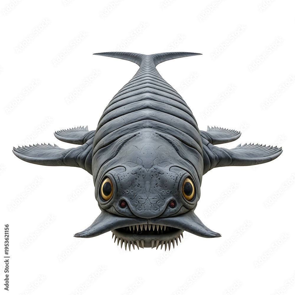 Fototapeta premium Gray prehistoric fish with large eyes spiked fins and sharp teeth gray fish
