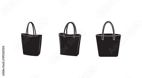 Three black tote bags with white outlines on white background various angles  simple design