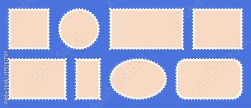 Post stamp frames. Retro postage labels with borders, blank old mail postcard for sending letter, round rectangular post templates philately concept. Vector isolated set