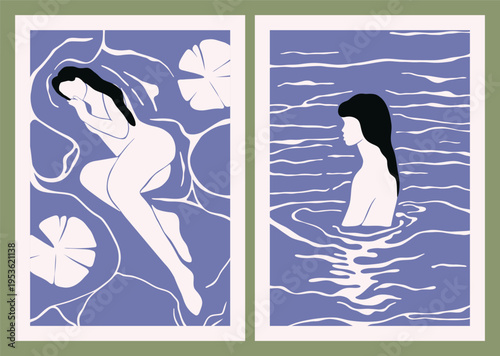 Abstract woman silhouette in water. Minimalistic background with female figure in lake modern style, contemporary boho feminist art print. Vector poster set